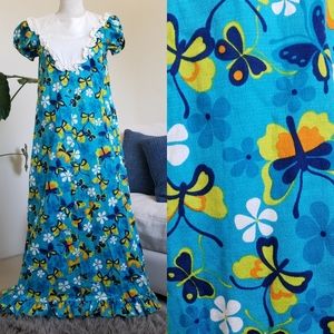 Vintage Jacqueline's Of Hawaii Blue Butterfly Print Maxi Cotton Dress